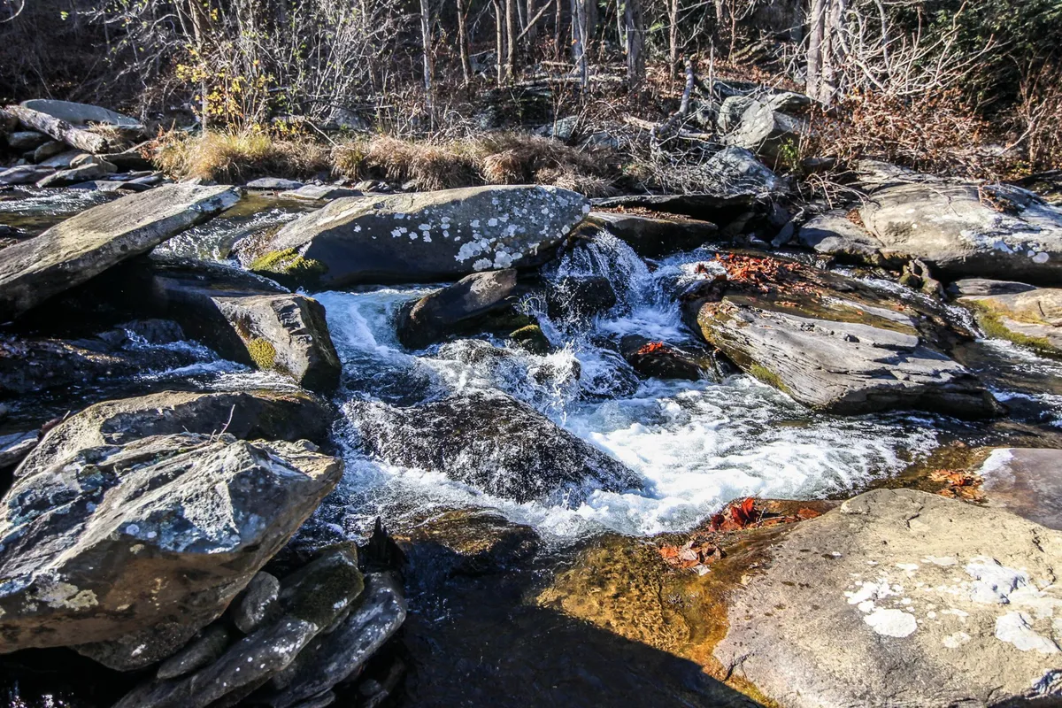 A picturesque riverside scene with flowing water over smooth rocks, embraced by verdant trees. The tranquil setting evokes peacefulness and immersion in nature, inviting visitors to explore, relax, or simply listen to the soothing sounds of the river.